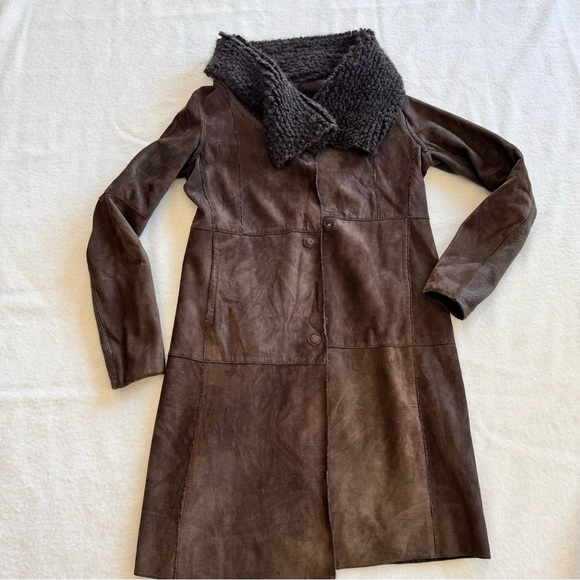 Gimo’s Suede Leather Shearling Brown Coat Size S - Picture 6 of 12